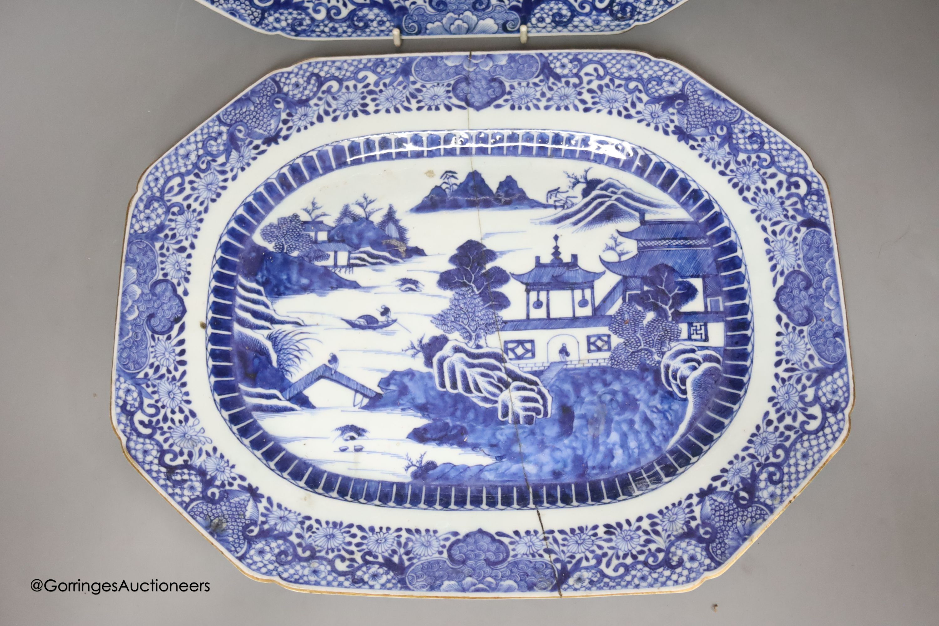 Two 18th century Chinese export blue and white meat plates, 36 x 28cm.